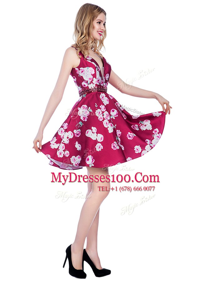 Colorful Multi-color Prom and Party and For with Pattern V-neck Sleeveless Backless