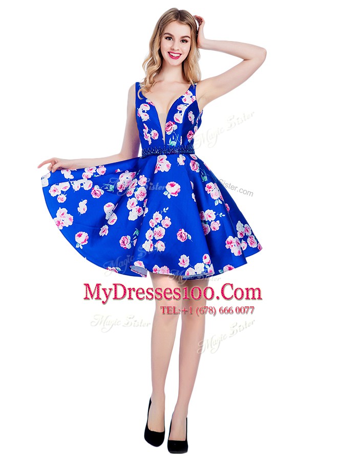 Colorful Multi-color Prom and Party and For with Pattern V-neck Sleeveless Backless