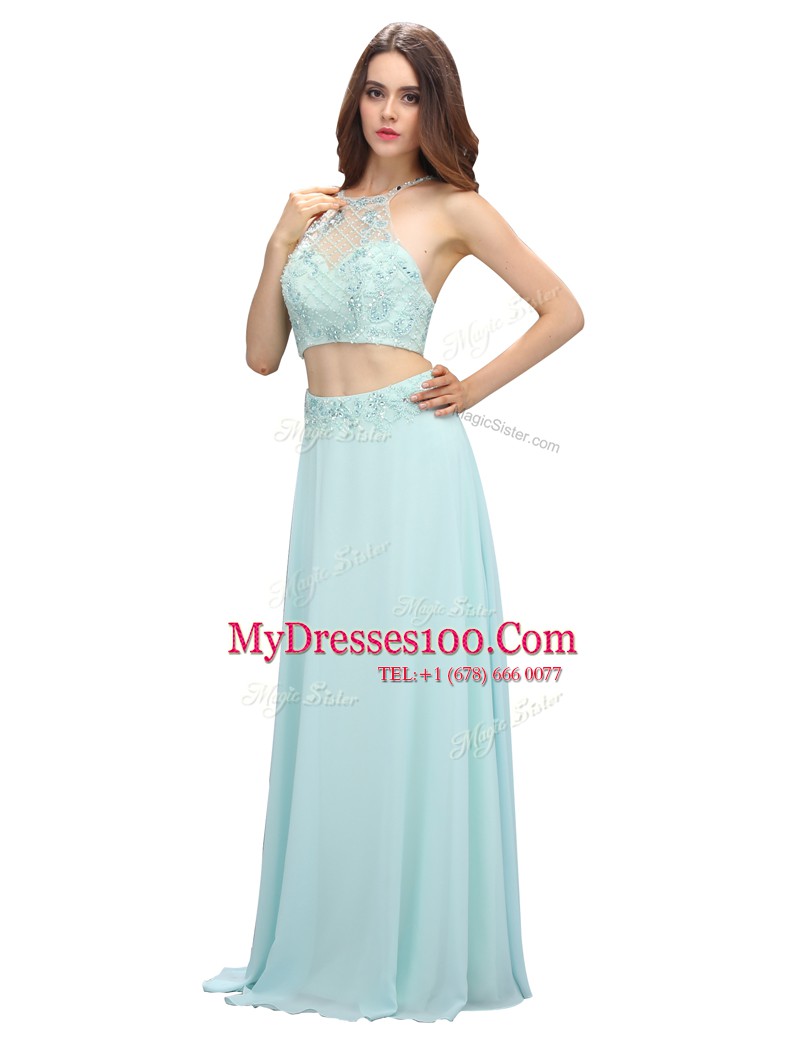 Spectacular Light Blue Chiffon Zipper Scoop Sleeveless Floor Length Homecoming Dress Beading