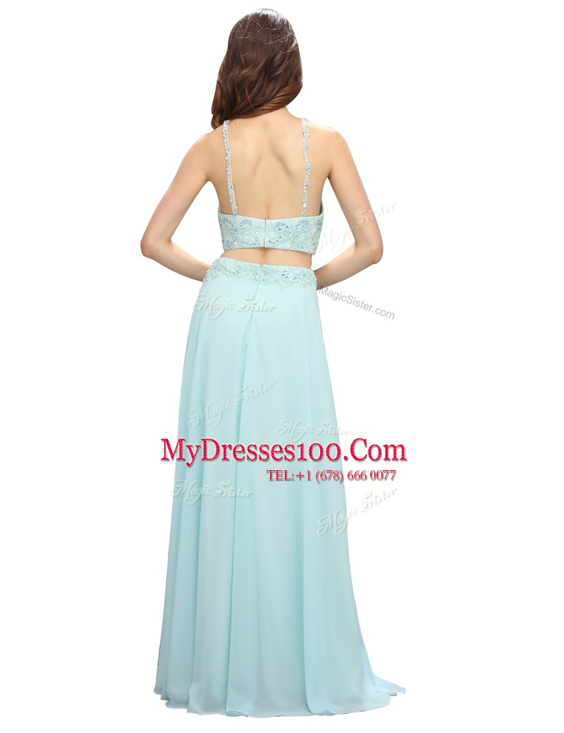 Spectacular Light Blue Chiffon Zipper Scoop Sleeveless Floor Length Homecoming Dress Beading