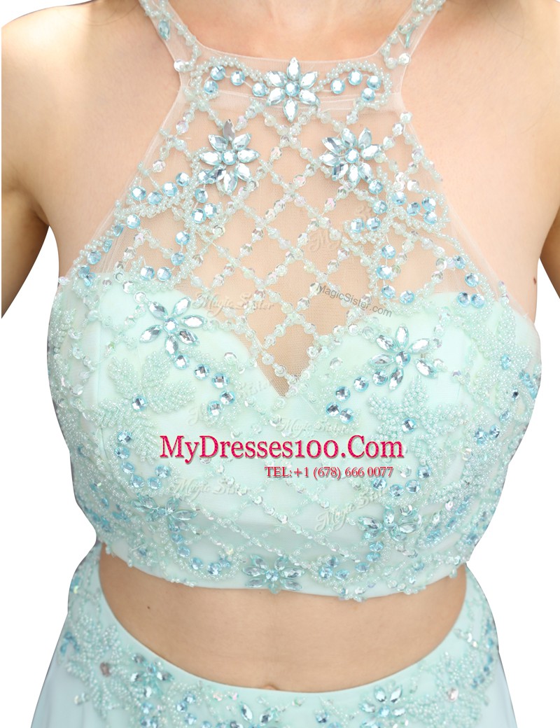 Spectacular Light Blue Chiffon Zipper Scoop Sleeveless Floor Length Homecoming Dress Beading