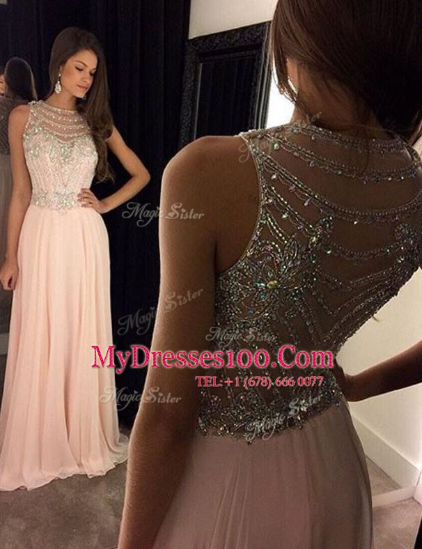 Custom Made Pink Scoop Side Zipper Beading Dress for Prom Brush Train Sleeveless