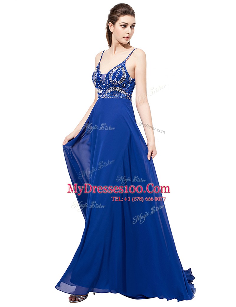 Superior Royal Blue Chiffon Backless Spaghetti Straps Sleeveless With Train Prom Evening Gown Sweep Train Beading