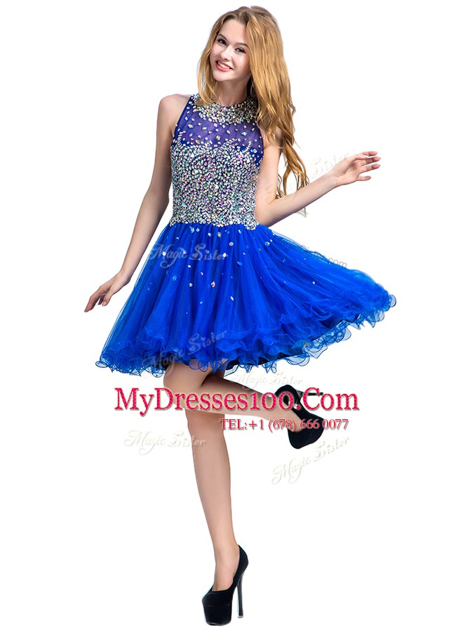 Beautiful Scoop Royal Blue Sleeveless Mini Length Beading Zipper Homecoming Dress