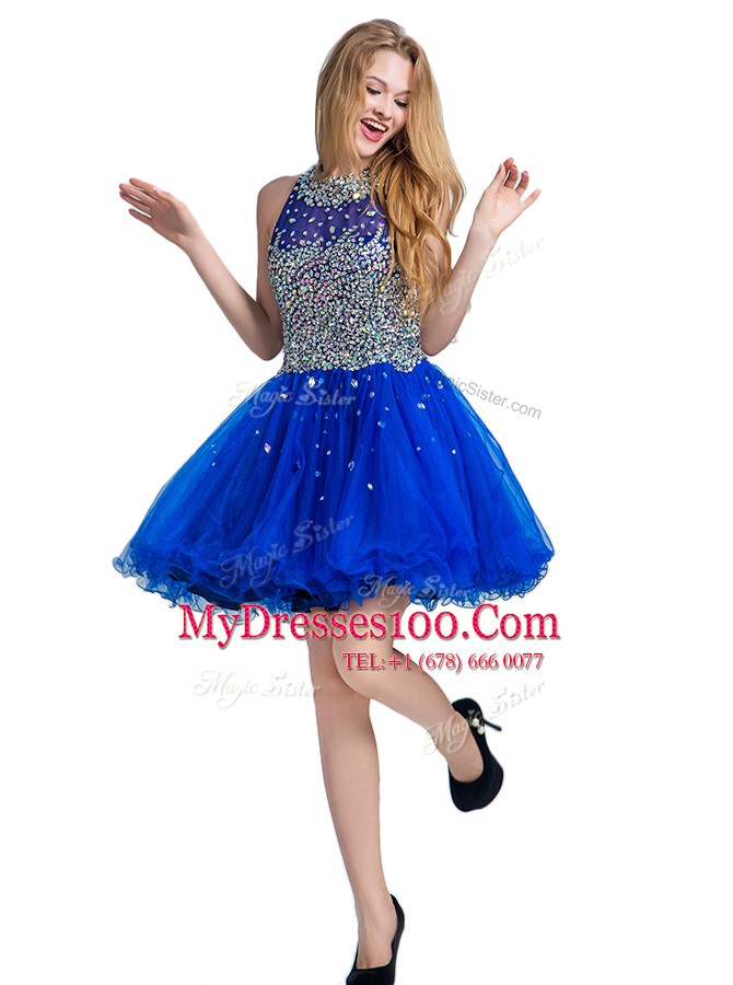 Beautiful Scoop Royal Blue Sleeveless Mini Length Beading Zipper Homecoming Dress