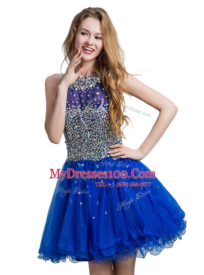 Beautiful Scoop Royal Blue Sleeveless Mini Length Beading Zipper Homecoming Dress