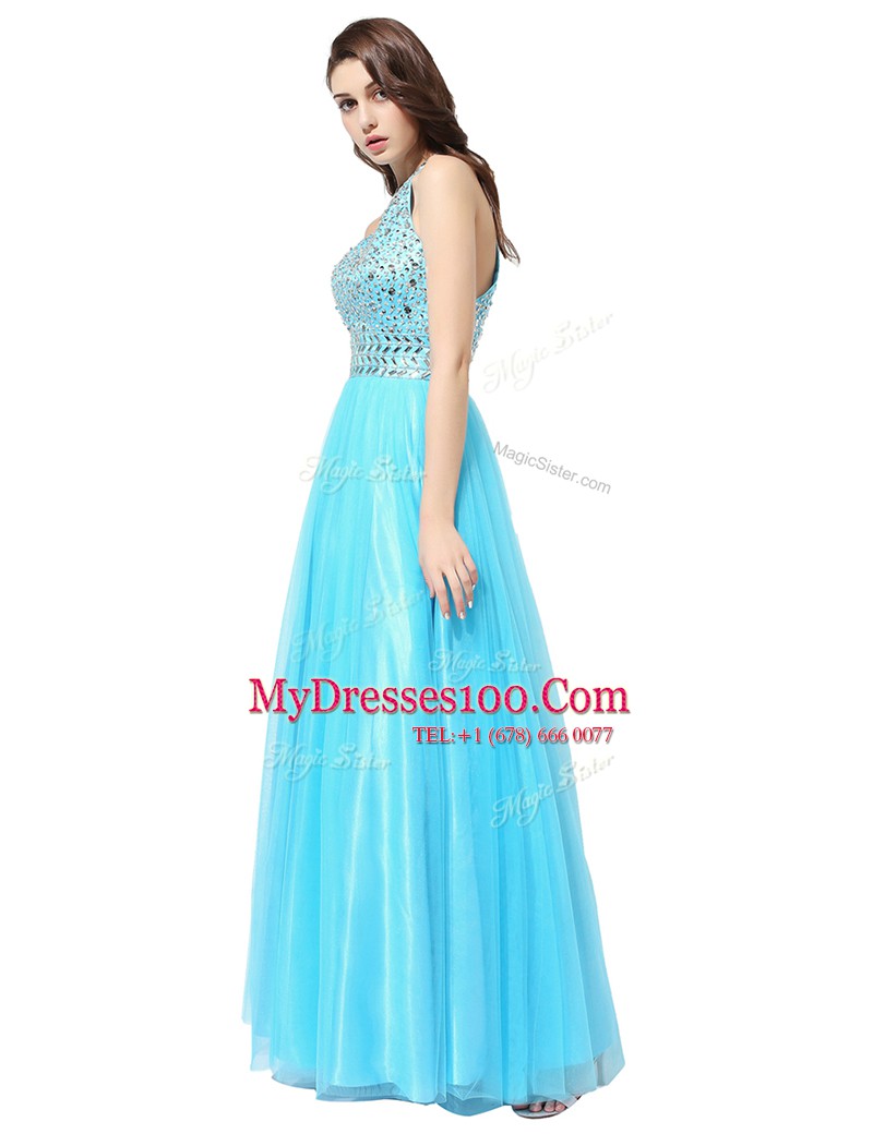 Delicate Scoop Sleeveless Homecoming Dress Floor Length Beading Aqua Blue Tulle