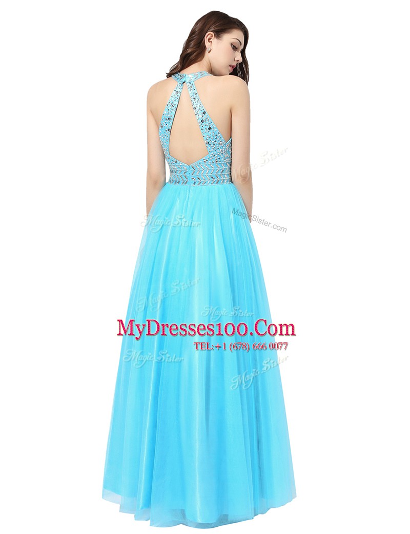 Delicate Scoop Sleeveless Homecoming Dress Floor Length Beading Aqua Blue Tulle