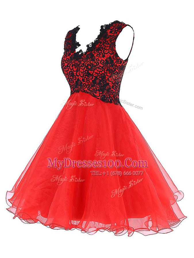 Organza V-neck Sleeveless Zipper Lace Cocktail Dresses in Coral Red