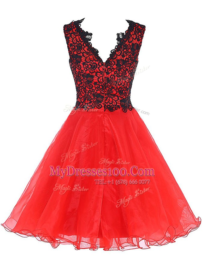 Organza V-neck Sleeveless Zipper Lace Cocktail Dresses in Coral Red