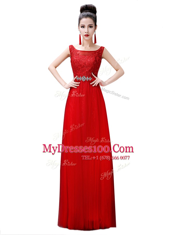 Floor Length Empire Sleeveless Red Prom Dress Zipper