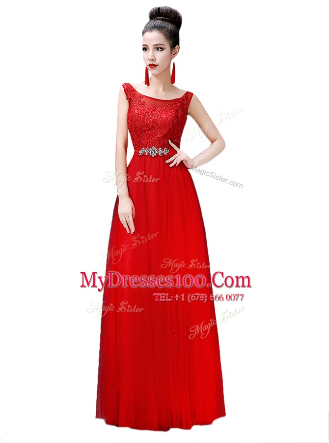 Floor Length Empire Sleeveless Red Prom Dress Zipper