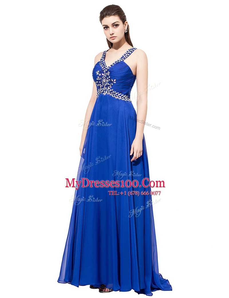Graceful Sleeveless With Train Beading Criss Cross Prom Party Dress with Royal Blue Sweep Train