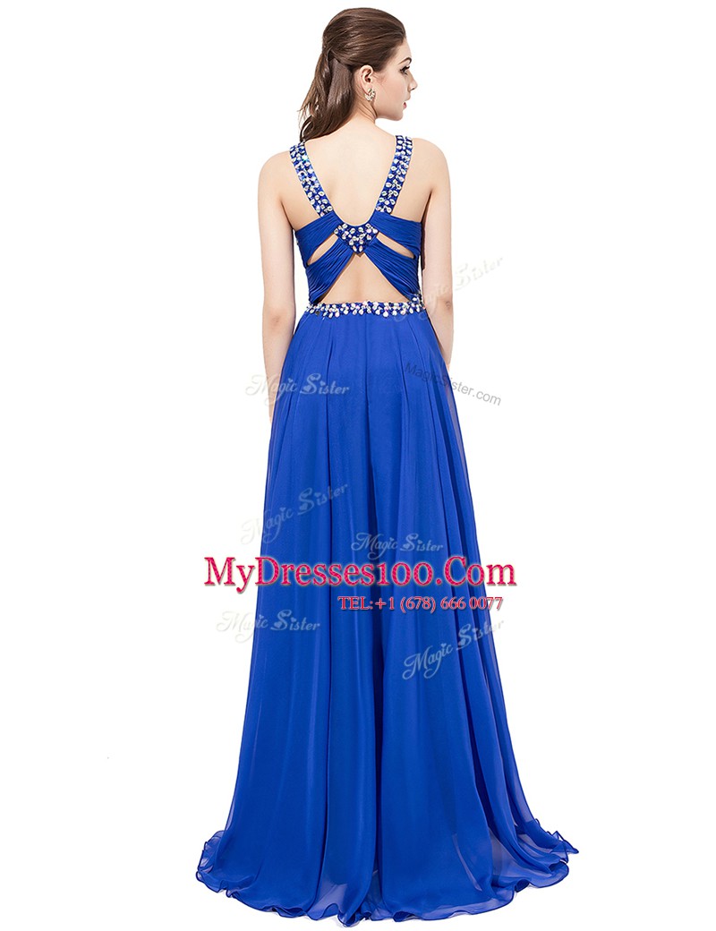 Graceful Sleeveless With Train Beading Criss Cross Prom Party Dress with Royal Blue Sweep Train