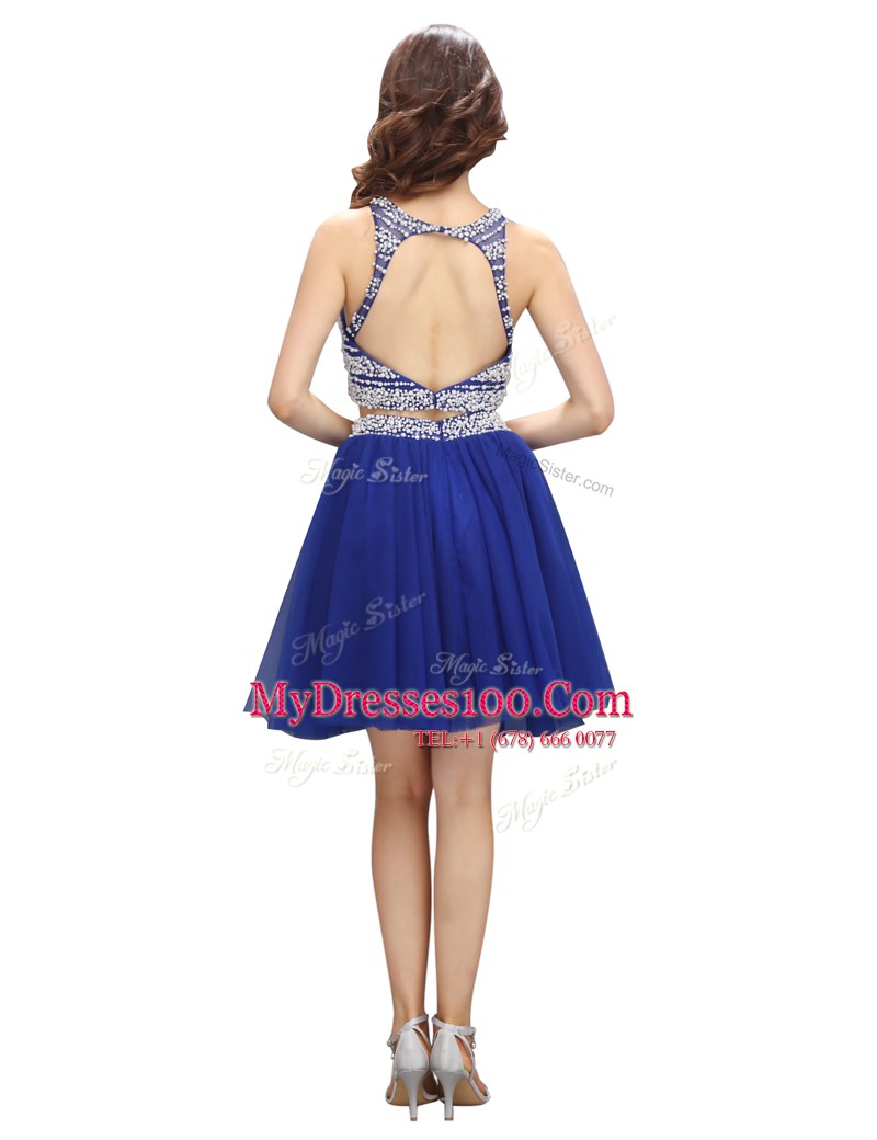 Luxury Scoop Royal Blue Backless Prom Dress Beading Sleeveless Knee Length