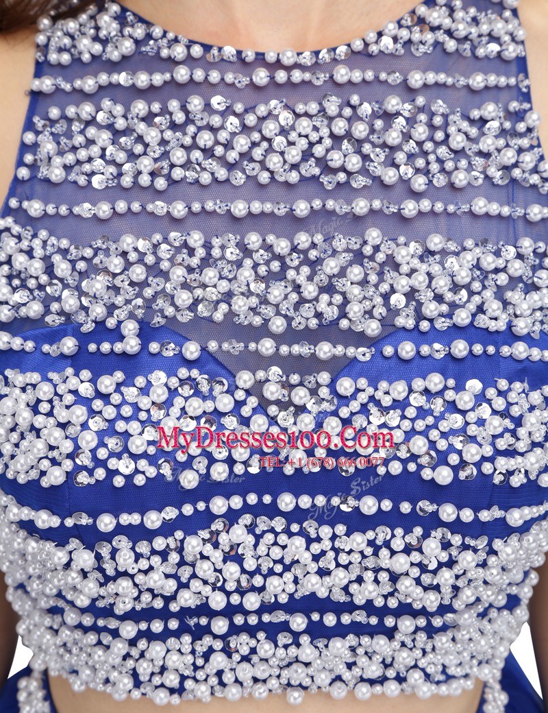 Luxury Scoop Royal Blue Backless Prom Dress Beading Sleeveless Knee Length