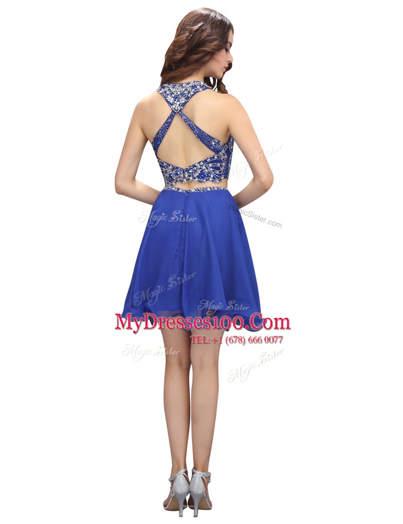 Organza Scoop Sleeveless Criss Cross Beading Prom Gown in Royal Blue