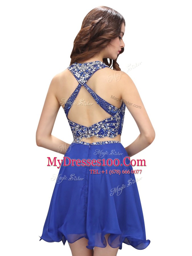 Organza Scoop Sleeveless Criss Cross Beading Prom Gown in Royal Blue