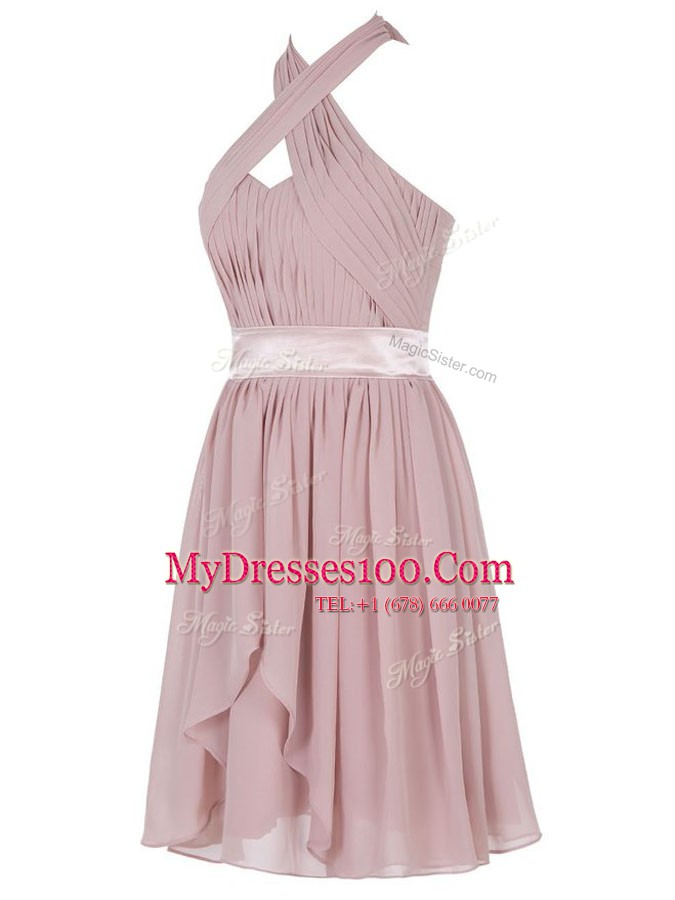 Designer Sleeveless Mini Length Ruching Backless Evening Dress with Pink