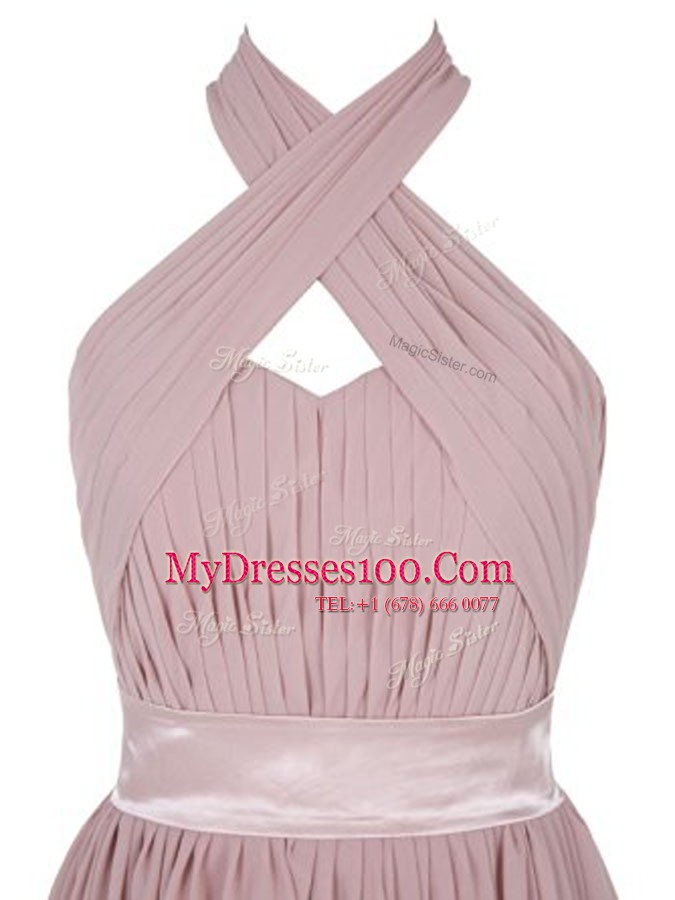 Designer Sleeveless Mini Length Ruching Backless Evening Dress with Pink