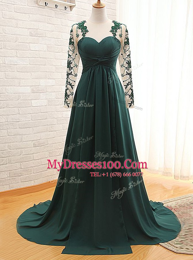 With Train Teal Prom Dress Satin Long Sleeves Lace