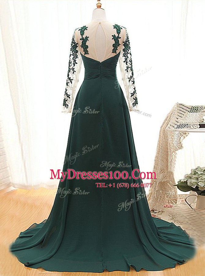 With Train Teal Prom Dress Satin Long Sleeves Lace