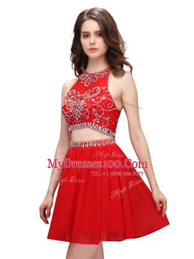 Exquisite Scoop Red Sleeveless Chiffon Zipper Prom Evening Gown for Prom and Party