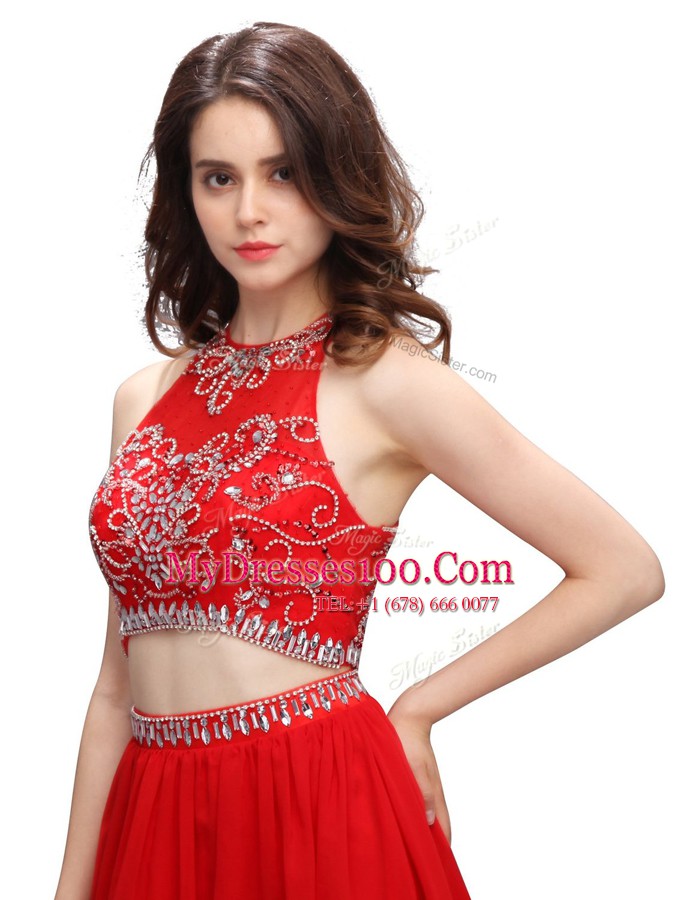 Exquisite Scoop Red Sleeveless Chiffon Zipper Prom Evening Gown for Prom and Party