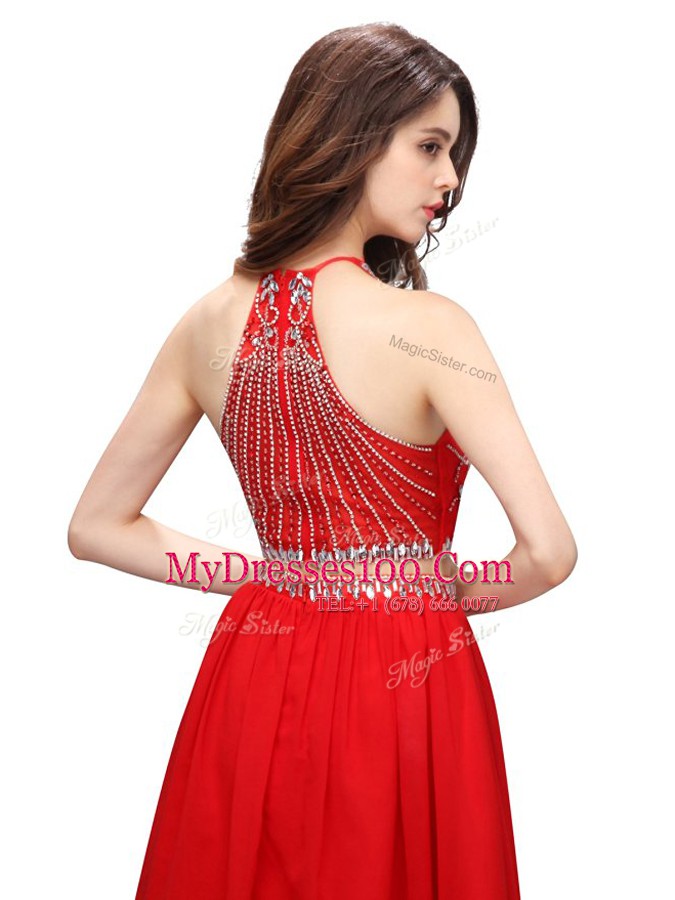 Exquisite Scoop Red Sleeveless Chiffon Zipper Prom Evening Gown for Prom and Party