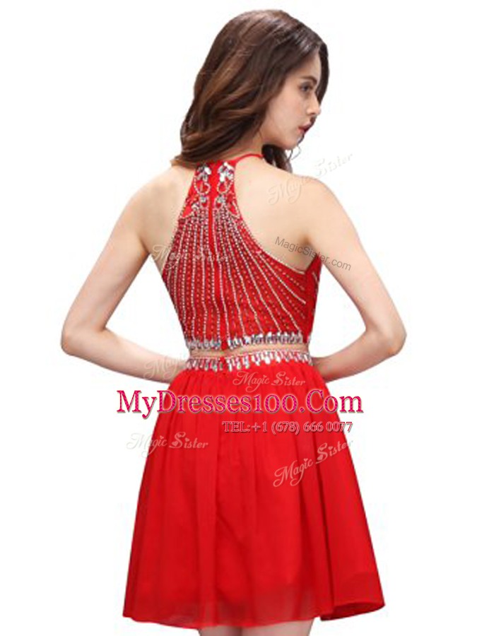 Exquisite Scoop Red Sleeveless Chiffon Zipper Prom Evening Gown for Prom and Party