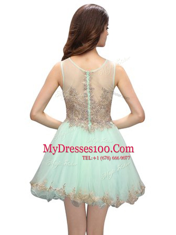 Beauteous Apple Green A-line Organza Scoop Sleeveless Beading and Appliques Mini Length Zipper Club Wear