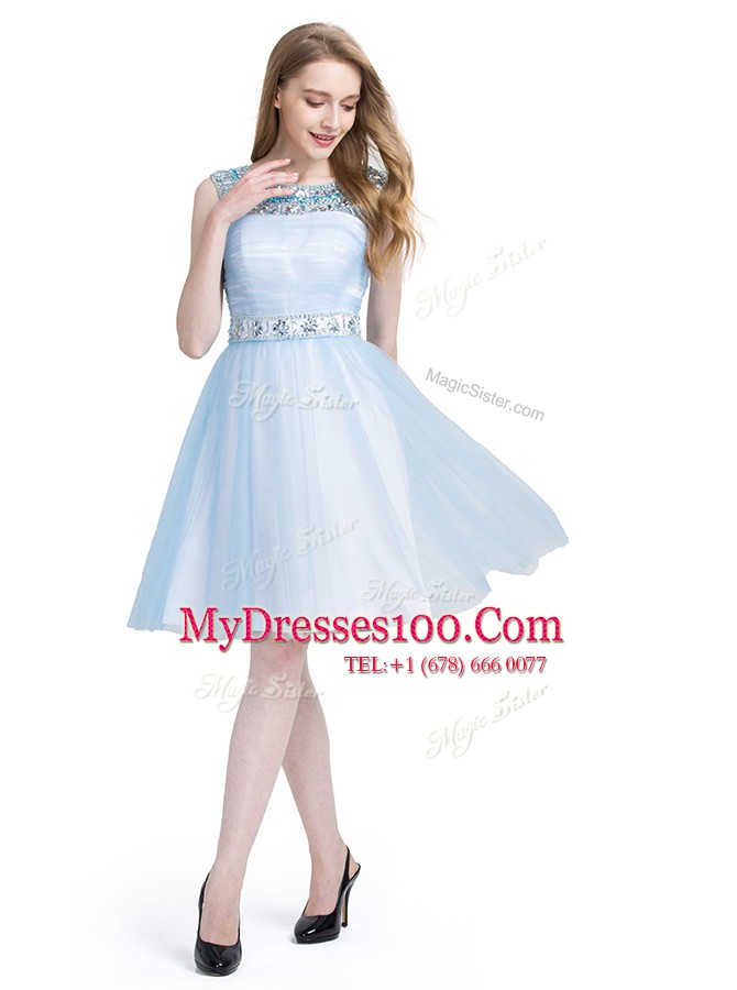 Fantastic Light Blue Evening Dress Prom and Party and For with Beading Scoop Sleeveless Zipper