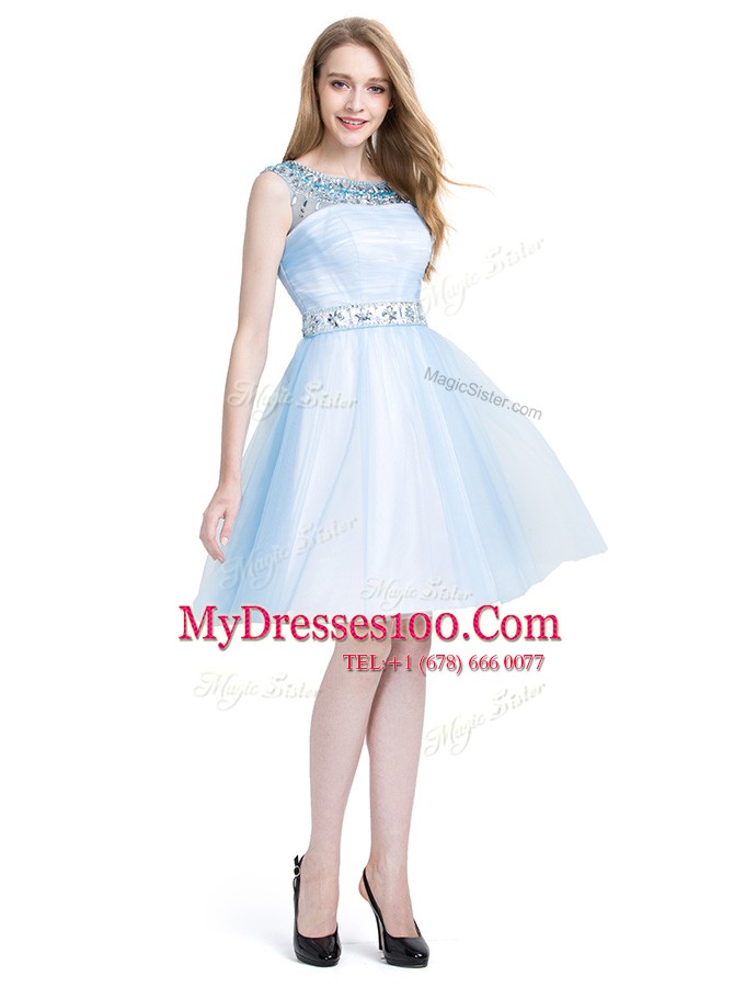 Fantastic Light Blue Evening Dress Prom and Party and For with Beading Scoop Sleeveless Zipper