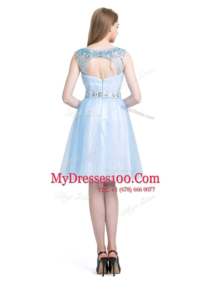 Fantastic Light Blue Evening Dress Prom and Party and For with Beading Scoop Sleeveless Zipper