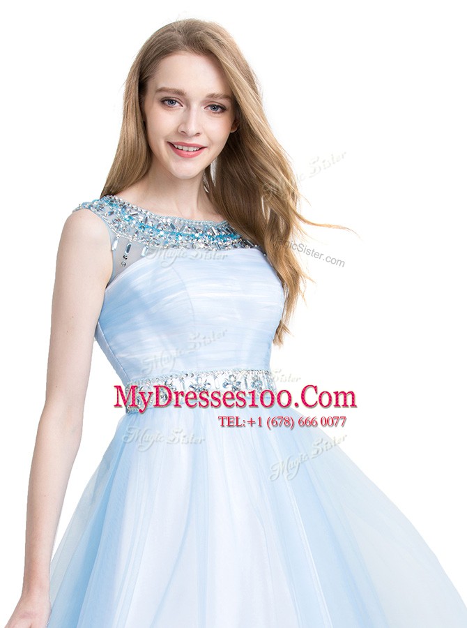 Fantastic Light Blue Evening Dress Prom and Party and For with Beading Scoop Sleeveless Zipper