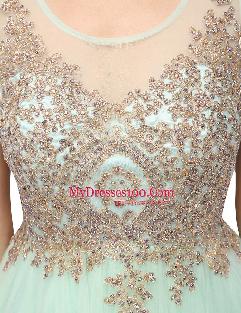 Enchanting Scoop Sleeveless Zipper Prom Evening Gown Apple Green Organza