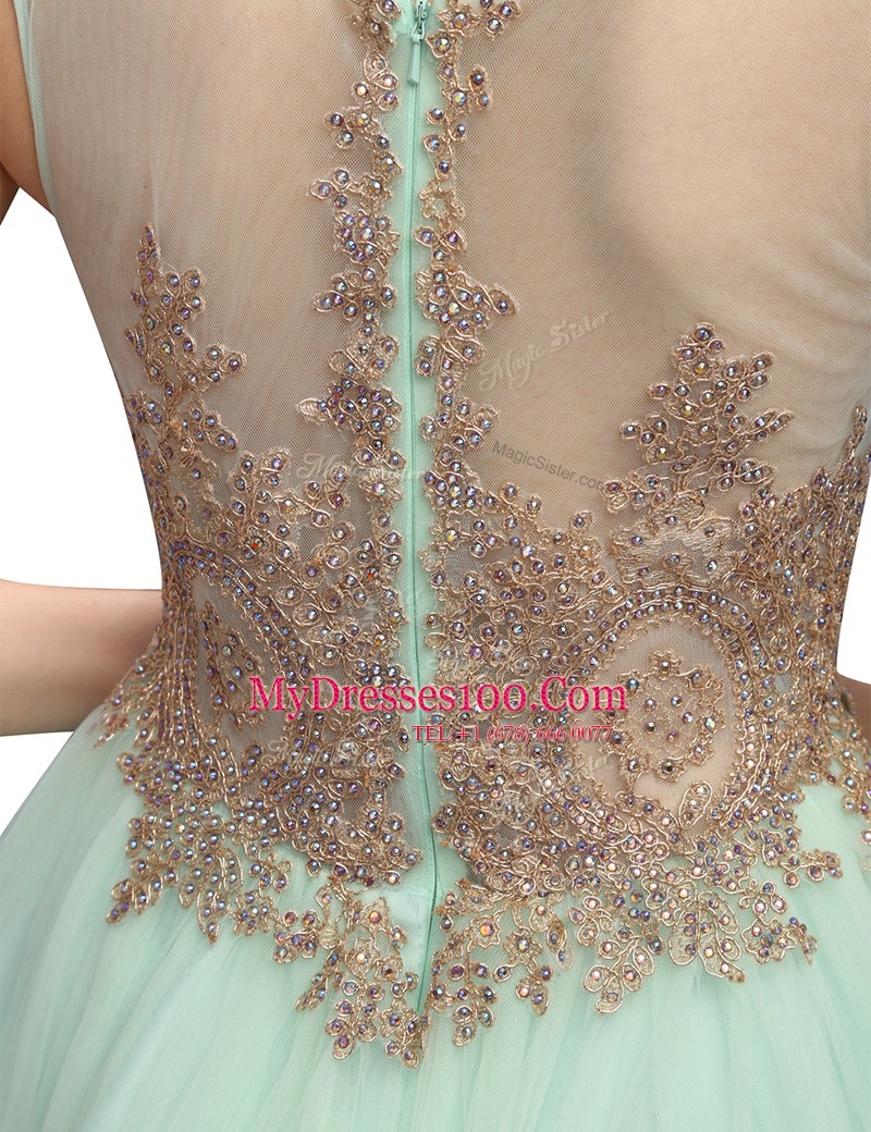 Enchanting Scoop Sleeveless Zipper Prom Evening Gown Apple Green Organza