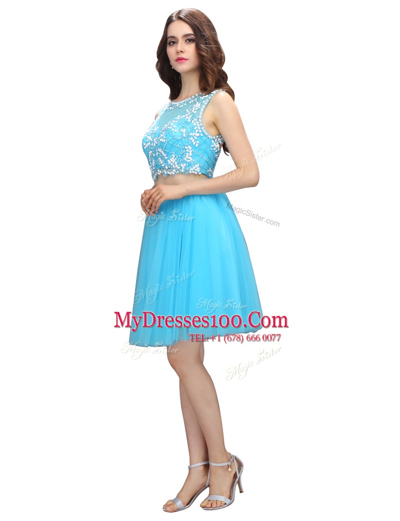 Baby Blue Backless Scoop Appliques Evening Dress Tulle Sleeveless