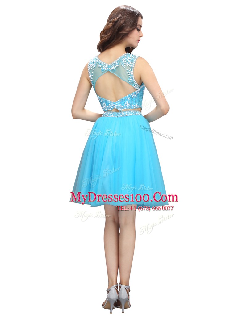 Baby Blue Backless Scoop Appliques Evening Dress Tulle Sleeveless