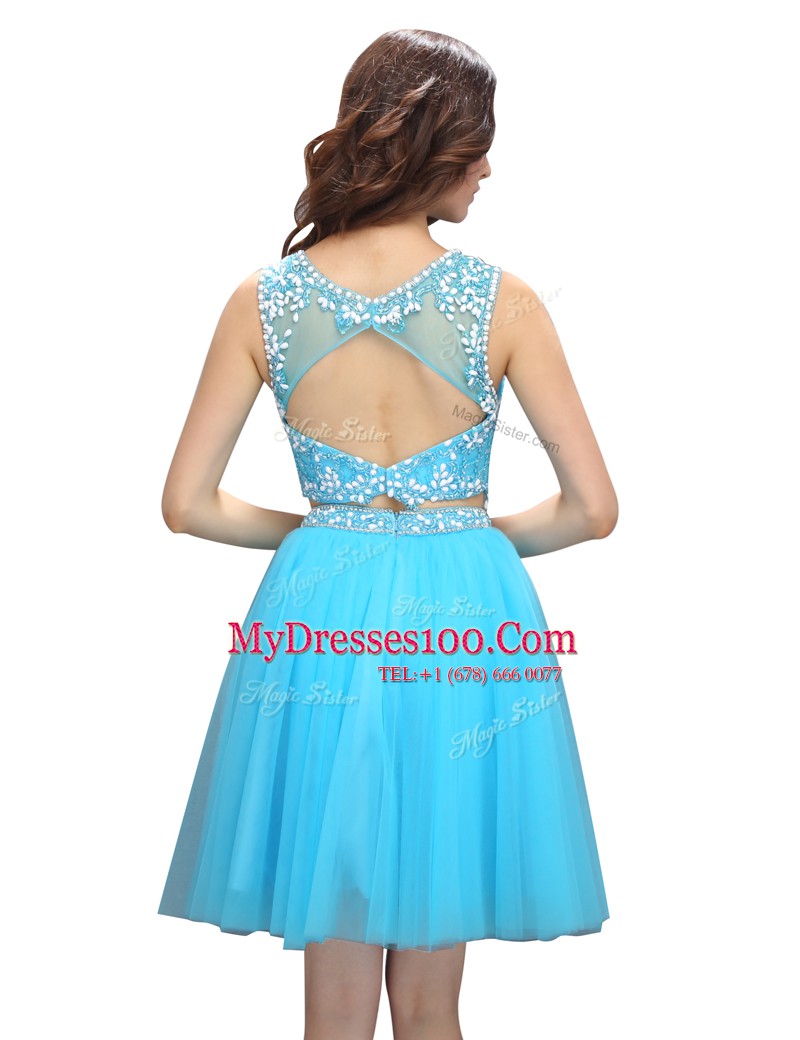 Baby Blue Backless Scoop Appliques Evening Dress Tulle Sleeveless