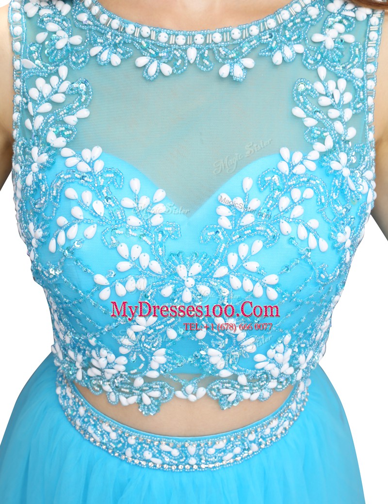 Baby Blue Backless Scoop Appliques Evening Dress Tulle Sleeveless