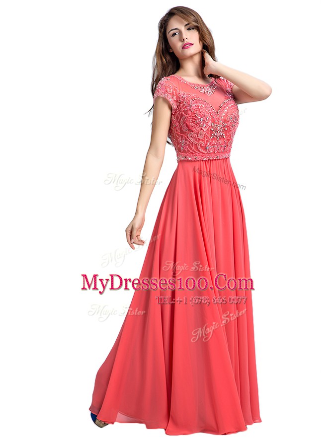 Watermelon Red Zipper Scoop Beading Prom Gown Chiffon Cap Sleeves