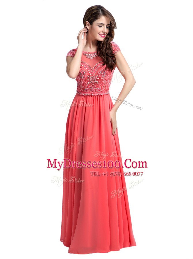 Watermelon Red Zipper Scoop Beading Prom Gown Chiffon Cap Sleeves