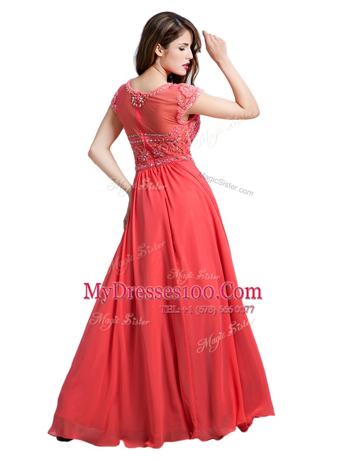 Watermelon Red Zipper Scoop Beading Prom Gown Chiffon Cap Sleeves