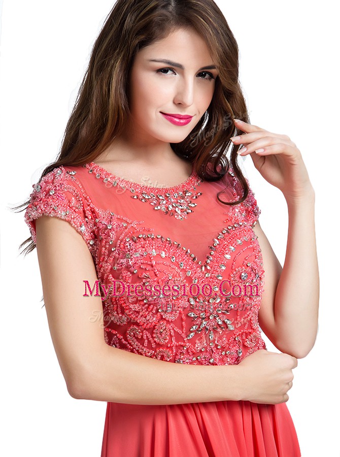 Watermelon Red Zipper Scoop Beading Prom Gown Chiffon Cap Sleeves
