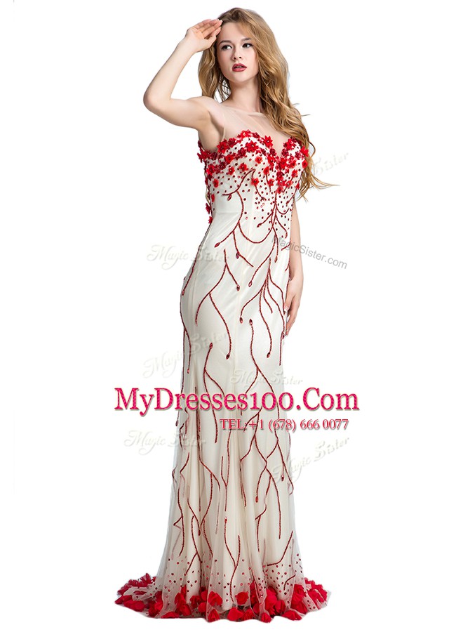 Scoop White And Red Sleeveless Sweep Train Hand Made Flower With Train Homecoming Dress