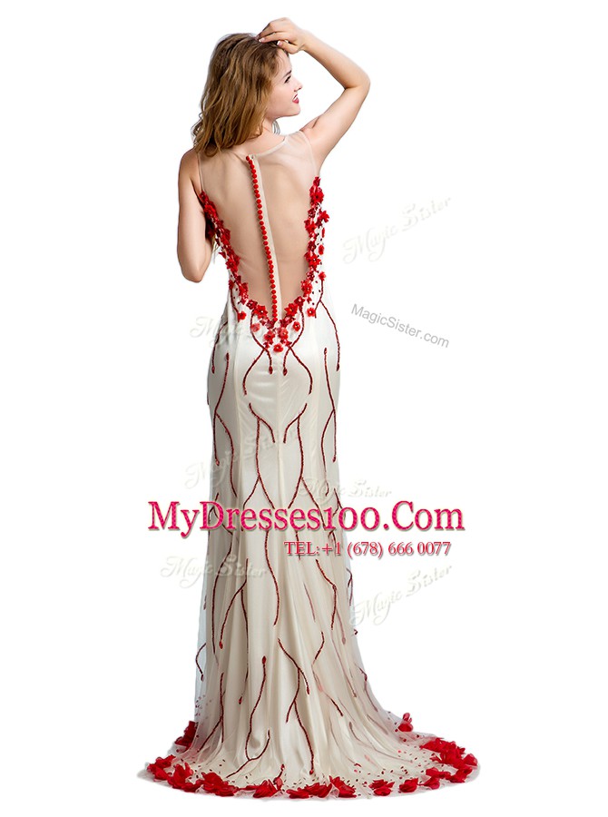 Scoop White And Red Sleeveless Sweep Train Hand Made Flower With Train Homecoming Dress