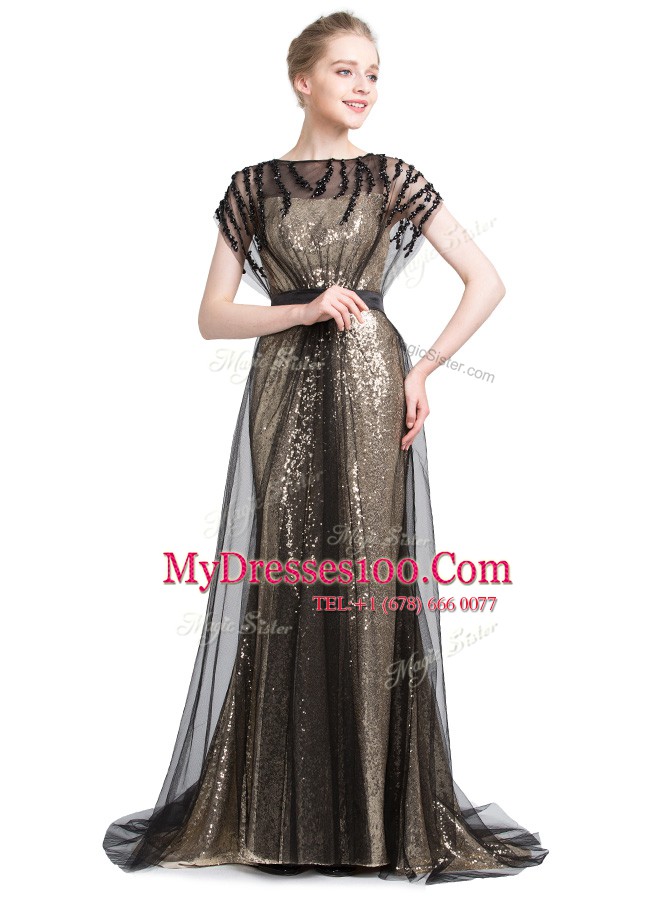 Deluxe Bateau Short Sleeves Brush Train Zipper Black Tulle