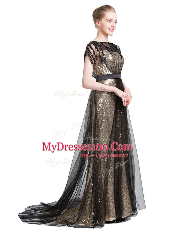 Deluxe Bateau Short Sleeves Brush Train Zipper Black Tulle