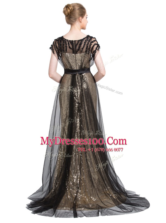 Deluxe Bateau Short Sleeves Brush Train Zipper Black Tulle